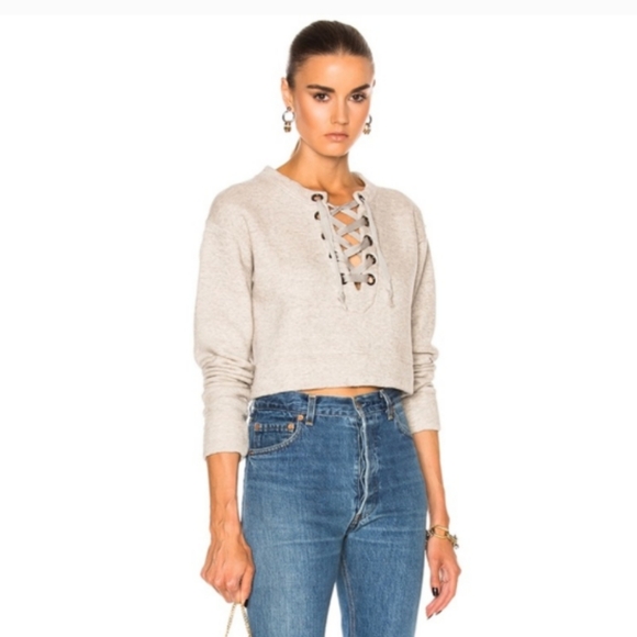 MOTHER Don't Sweat It- TheTie Up Easy Crop Lace Up Sweatshirt-Biege - Picture 1 of 10